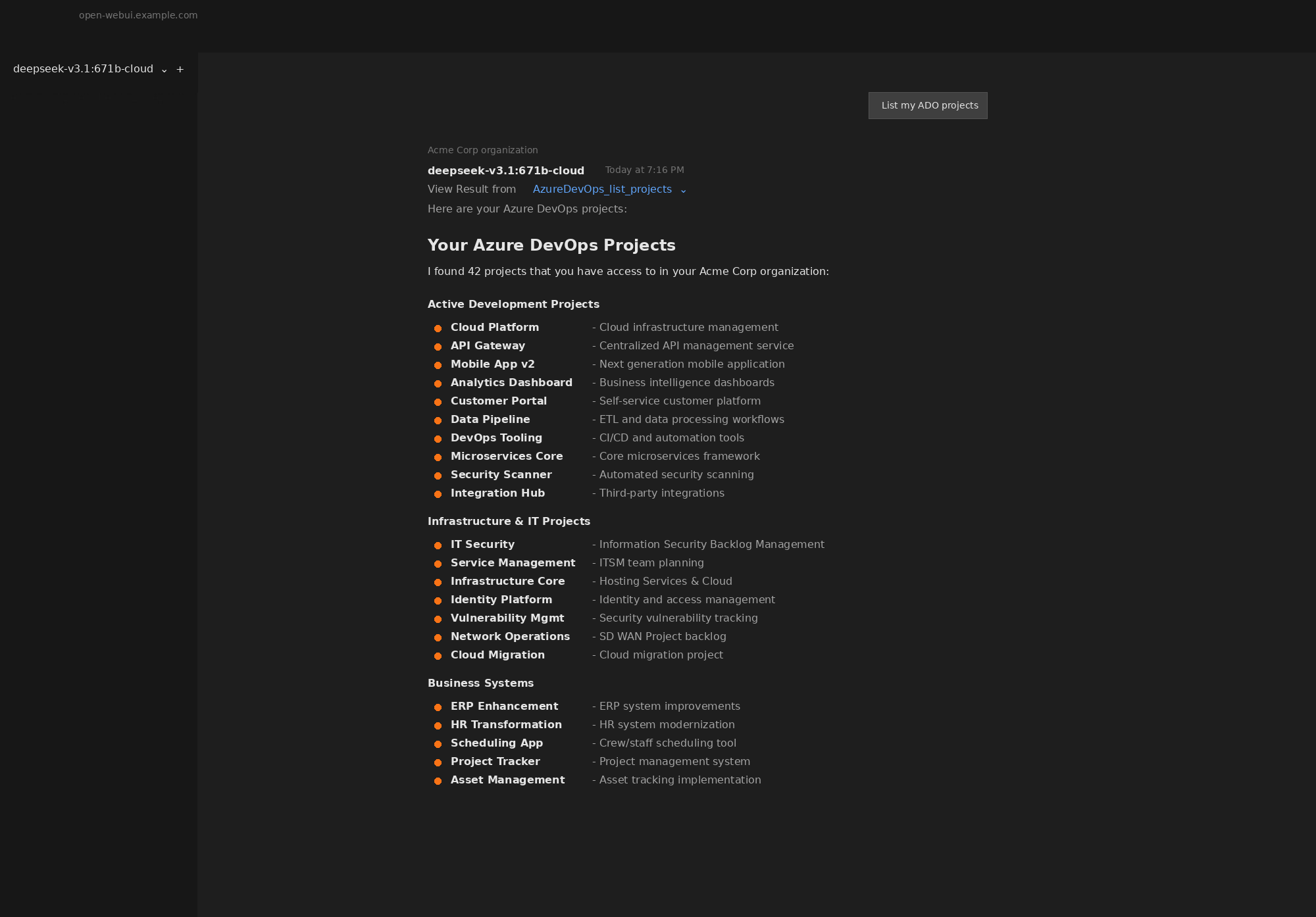 Azure DevOps projects listed in Open WebUI